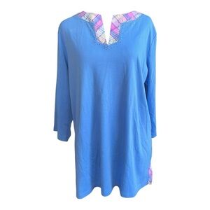 Quacker Factory QVC top in blue/ plaid multicolored trims size Large